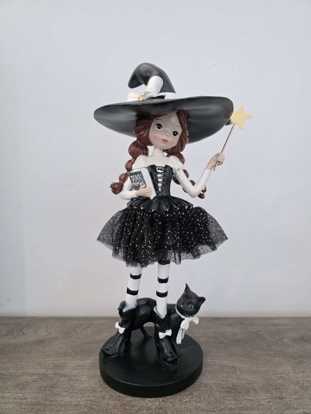 Witch Girl With Black Cat Holding Black Magic Book & Wand Viral New 14in tall